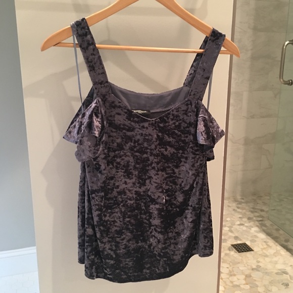 NWT Crushed Velvet Grey-Blue Cold Shoulder Top Med - Picture 3 of 5